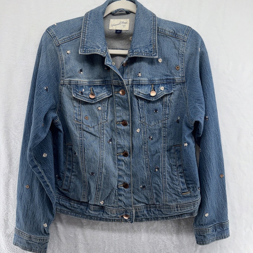 Universal Thread‎ Womens Blue Floral Embroidered Denim Trucker Jacket Small S